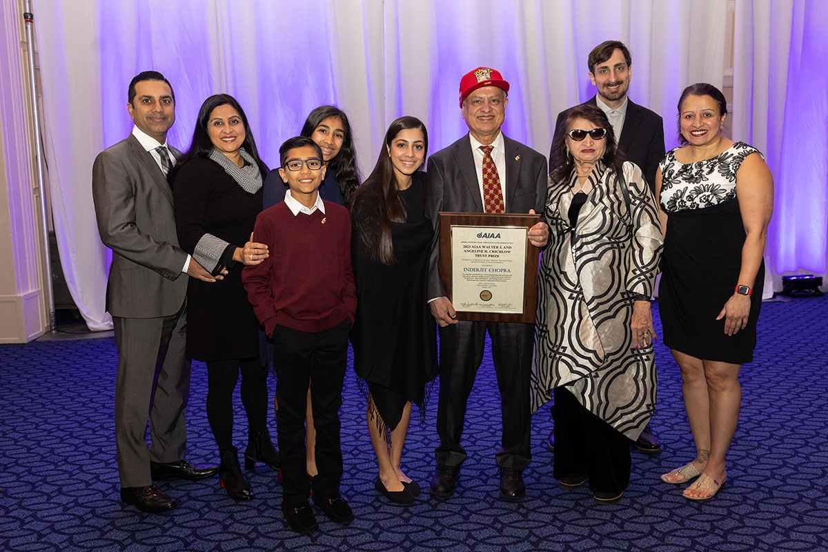 Inderjit Chopra, pictured with his family, is awarded the 2023 AIAA Crichlow Trust Prize
