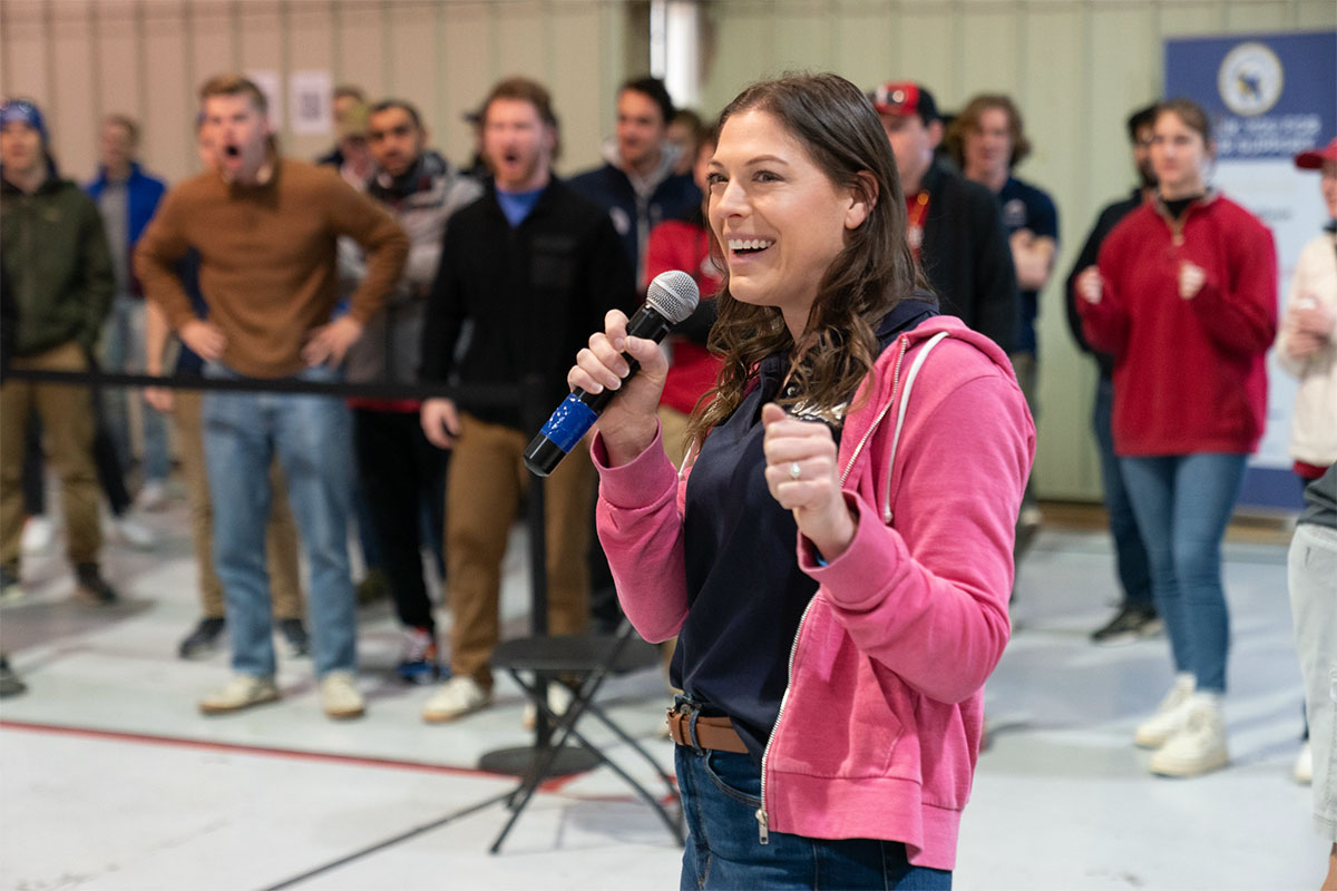 Alexandra D'Imperio, Director, AIAA Foundation, speaks to students at the 29th Annual Design/Build/Fly Competition in Wichita, KS